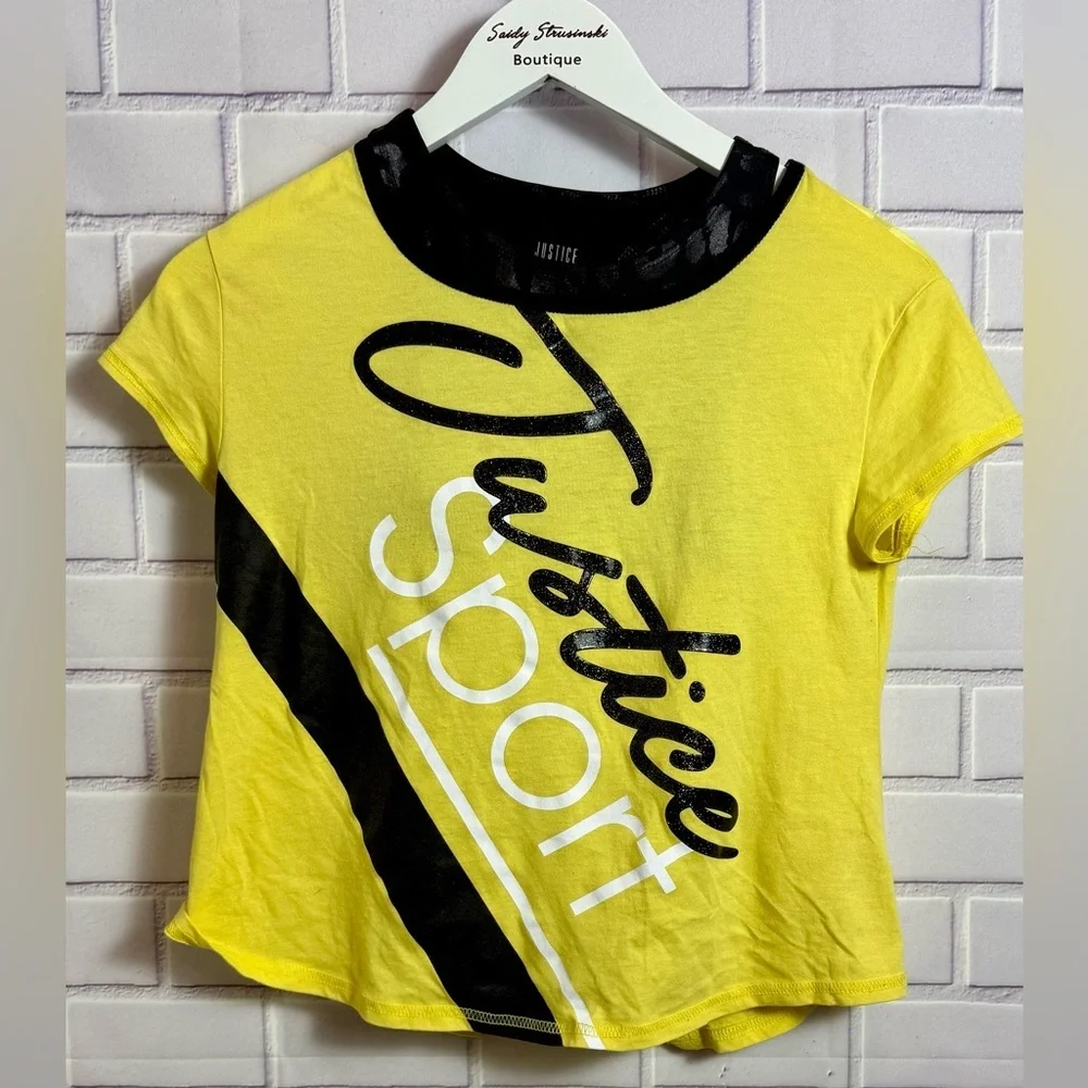 Justice Active Girls Yellow Black Graphic Athletic Top Built-In Sports Bra /Sz 8